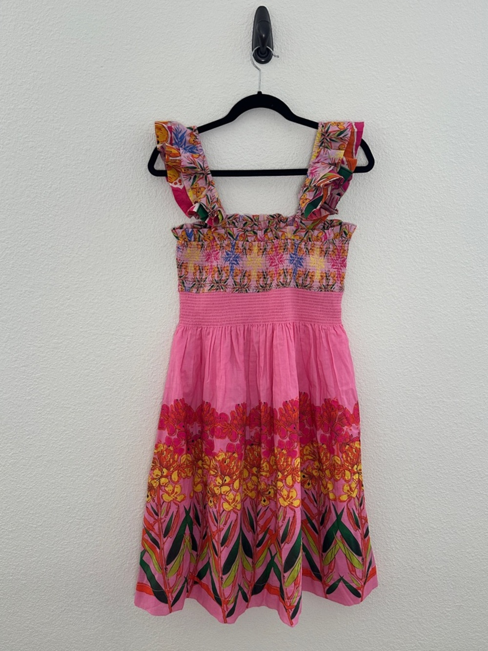 Anthropologie Roopa Pemmaraju Floral Smocked Dress Pink Ruffle Cotton Sundress M - Picture 11 of 11